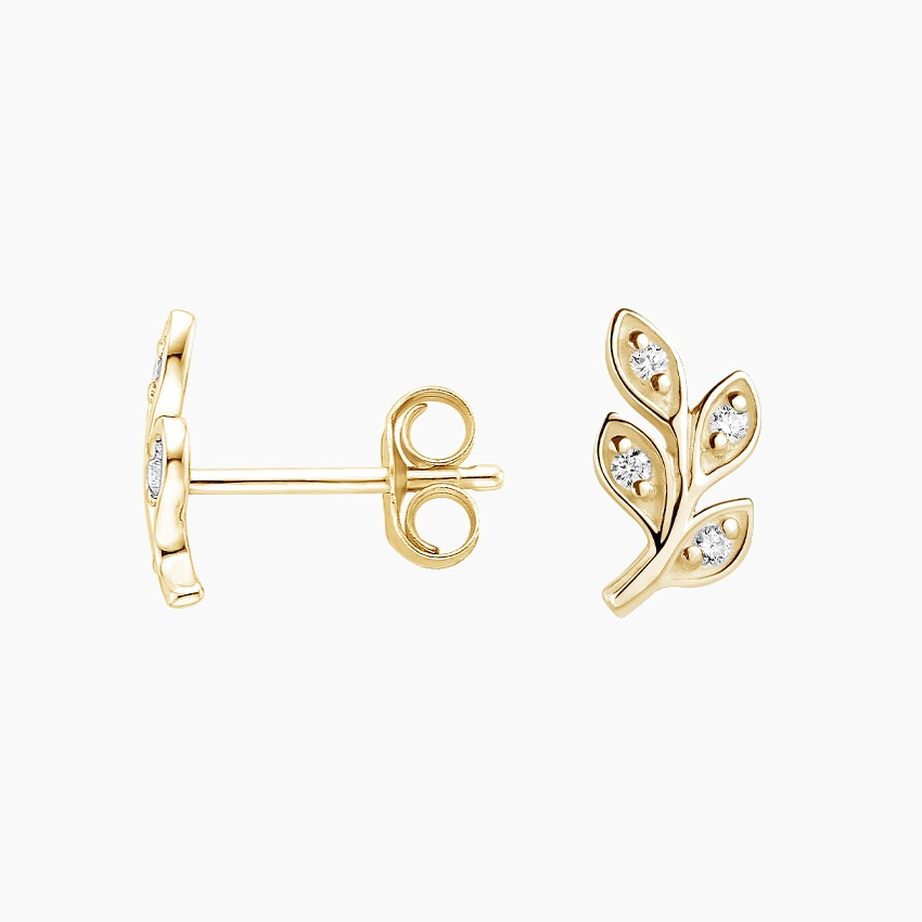 Minimalist Diamond Leaf Stud Earrings, Nature Inspired Gold Leaf Earrings, Dainty Rose Gold Studs