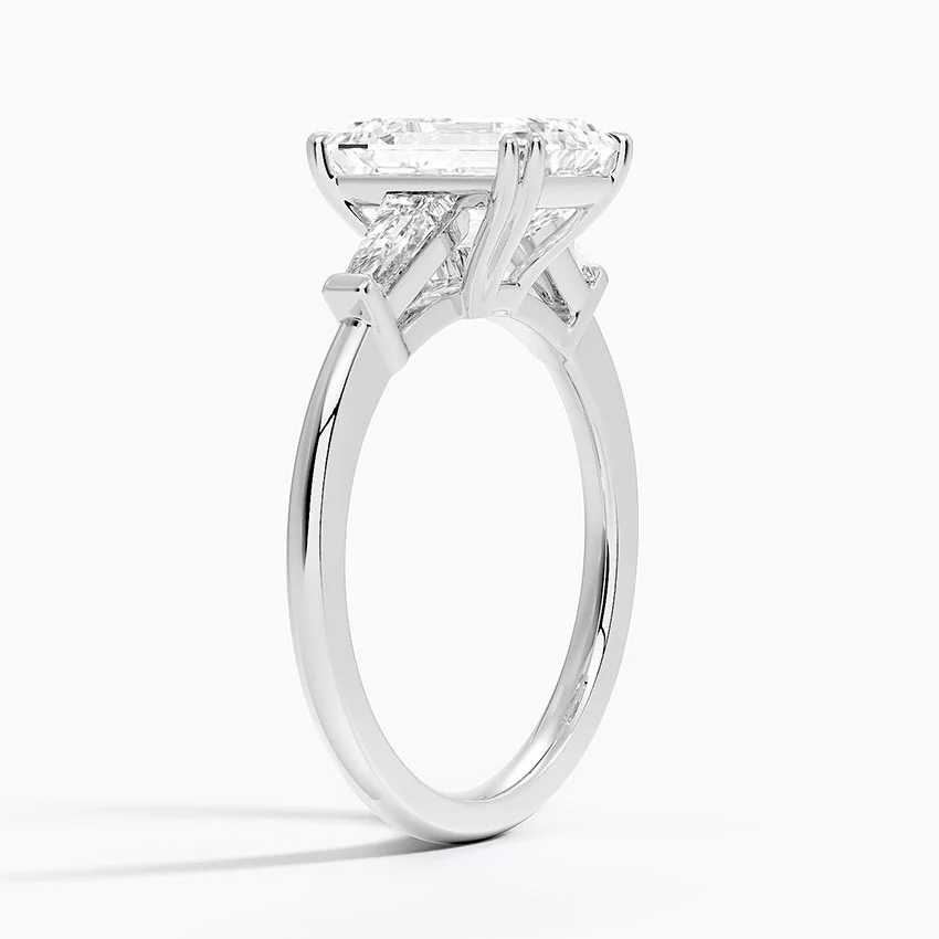 Emerald Cut Diamond Engagement Ring, Tapered Baguette Side Stones, Minimalist Three Stone Ring