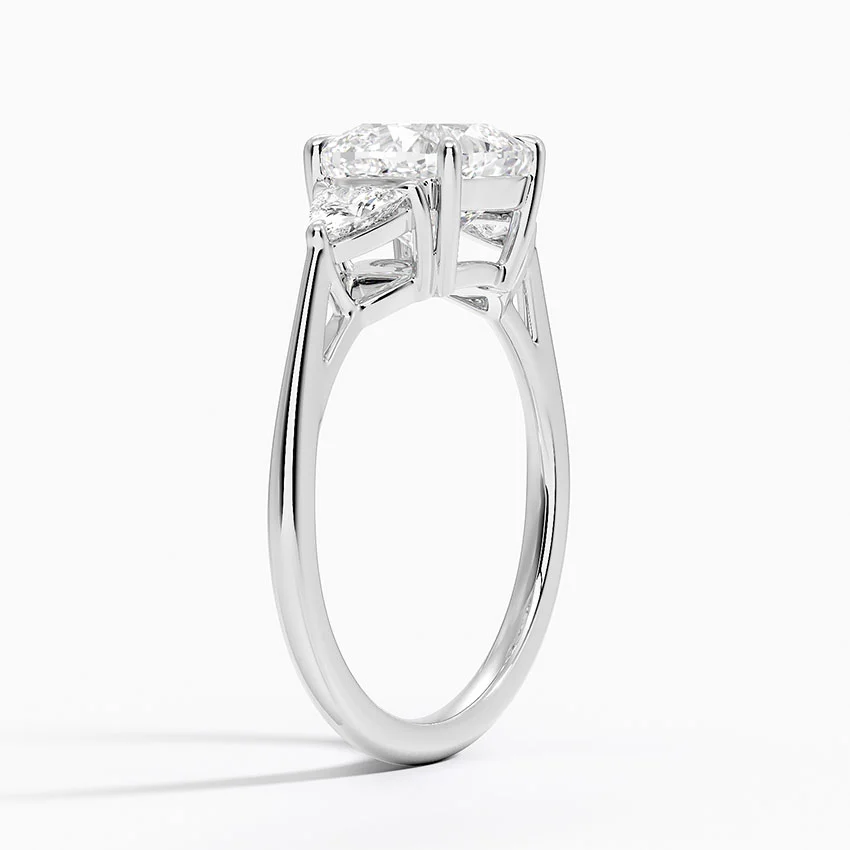 Cushion Cut Diamond Engagement Ring, Three Stone Diamond Ring, Trillion Side Stones