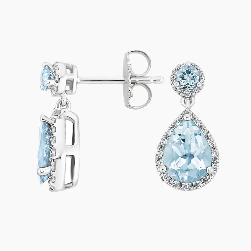 Aquamarine Drop Earrings, Pear Cut Aquamarine Halo Earrings, Diamond Dangle Earrings