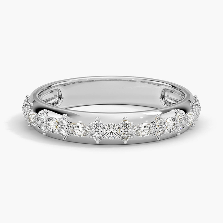 Marquise & Round Diamond Wedding Band, Curved Diamond Ring, Half Eternity Band