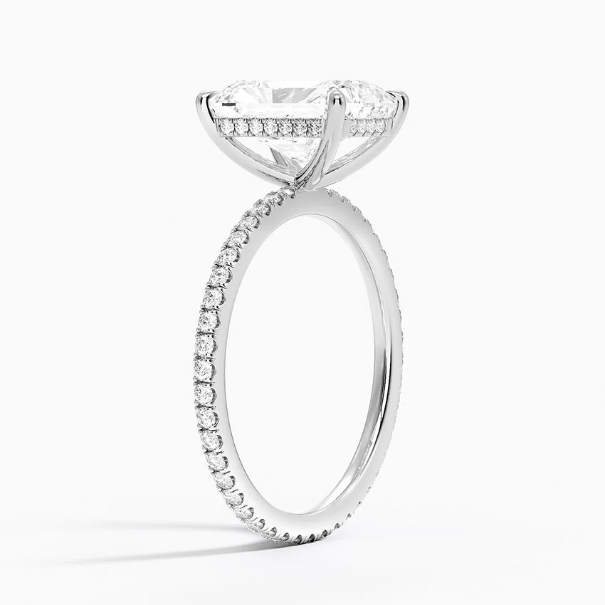 Radiant Cut Solitaire Engagement Ring with Pave Diamond Band, Minimalist Hidden Halo Style, Moissanite Diamond Ring