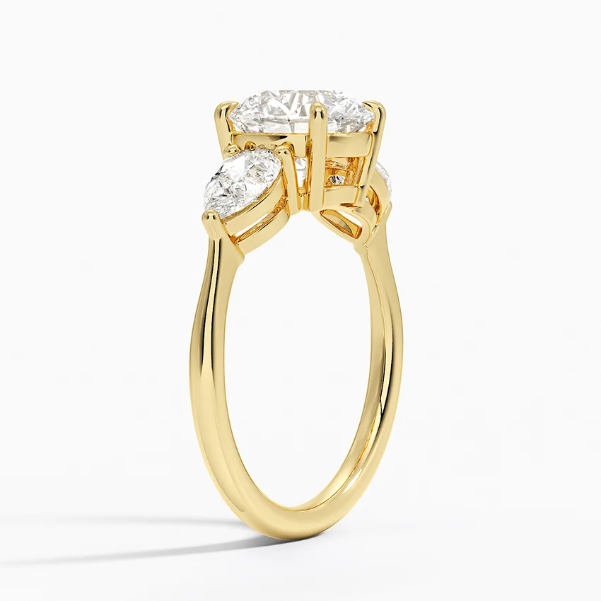 Round Cut Three Stone Diamond Engagement Ring, Marquise Side Stones Ring, Minimalist Bridal Ring