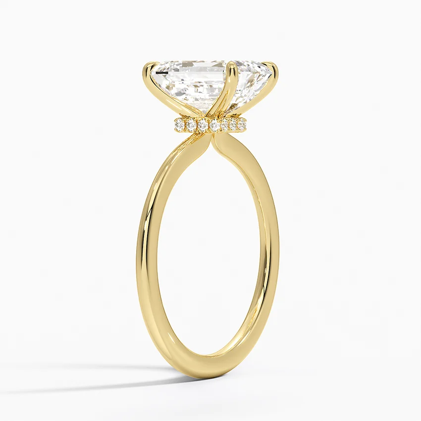 Emerald Cut Solitaire Engagement Ring, Hidden Halo Diamond Ring, Minimalist Prong Setting Ring