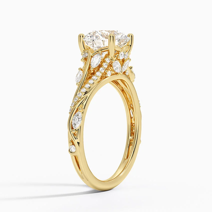 Vintage Leaf Moissanite Engagement Ring, Round Cut Solitaire Diamond Ring, Nature Inspired Bridal Ring
