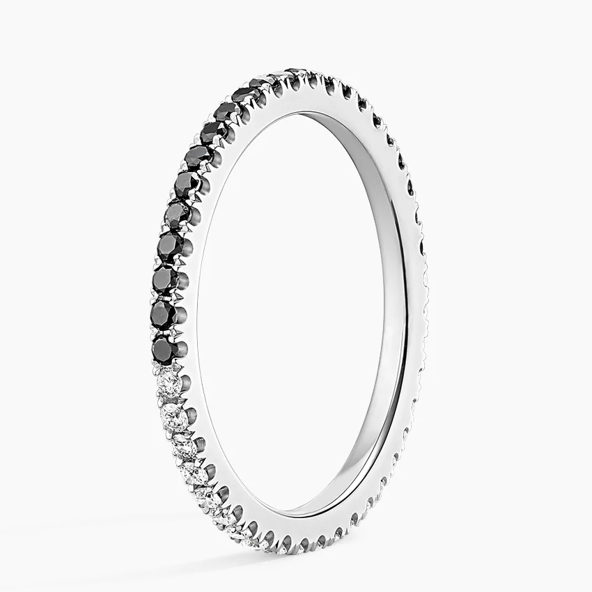 Black & White Diamond Half Eternity Ring, Minimalist Stackable Band, Anniversary Wedding Ring