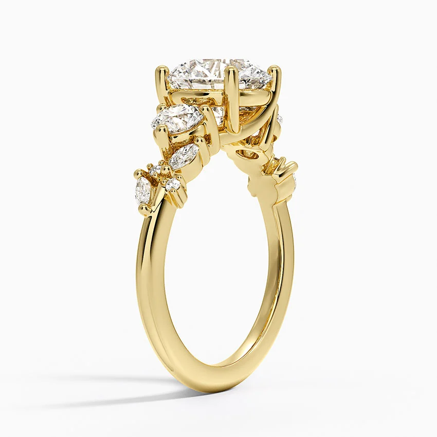 Round Cut Moissanite Engagement Ring with Marquise Side Stones, Solid Gold Promise Ring, l Diamond Ring