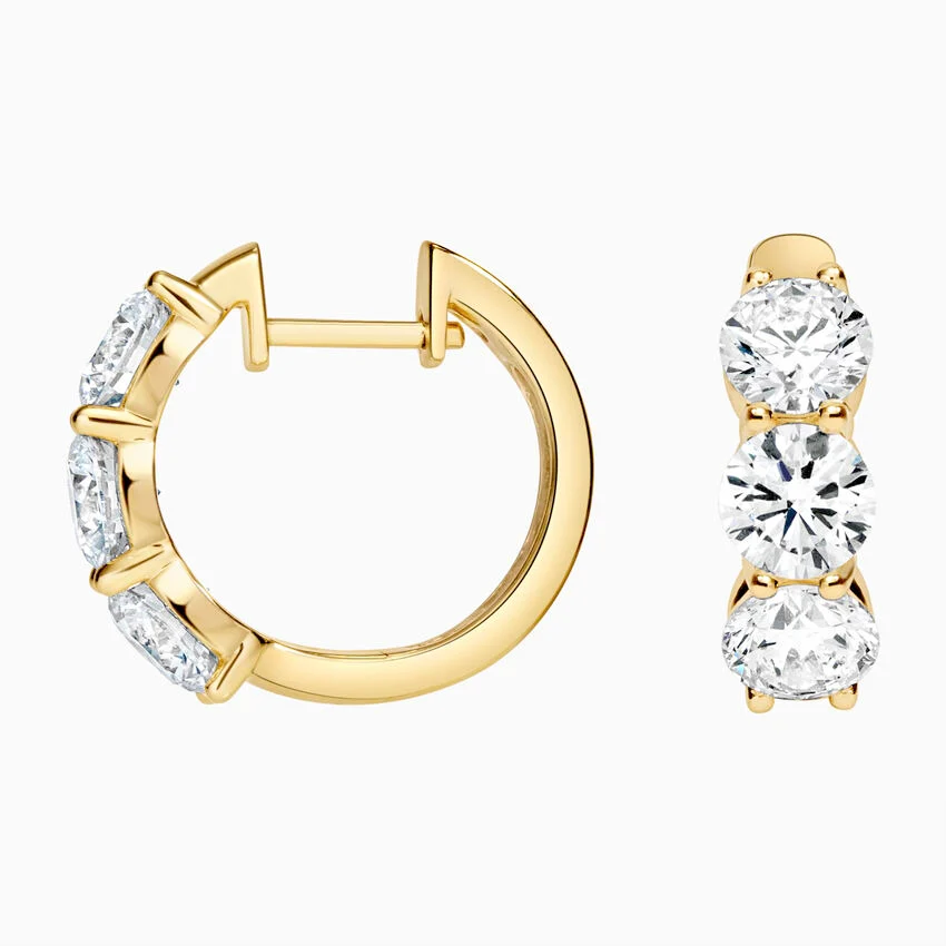 Three Stone Diamond Hoop Earrings, Minimalist Round Cut Diamond Huggie Hoops for Women