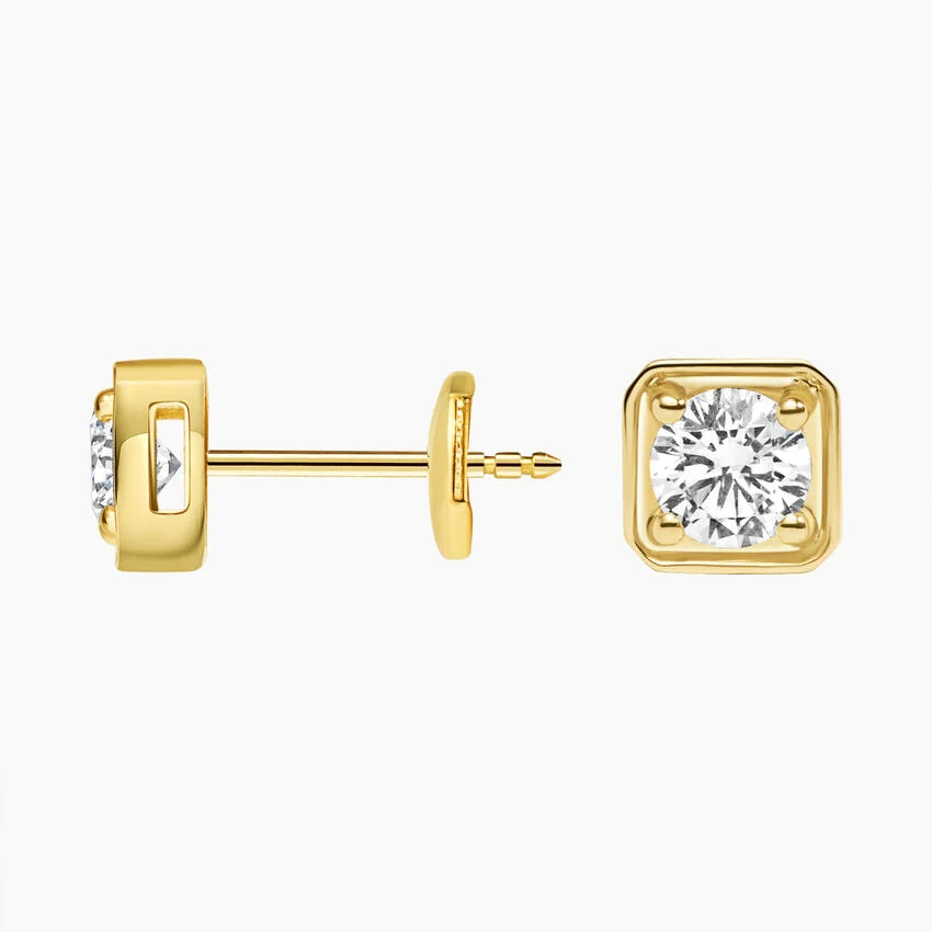 Bezel Diamond Stud Earrings, Minimalist Square Solitaire Earrings, Round Cut Diamond Studs
