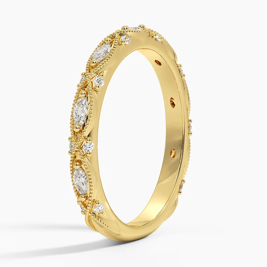 Marquise & Round Diamond Wedding Band, Vintage Milgrain Diamond Ring, Curved Stackable Anniversary Ring
