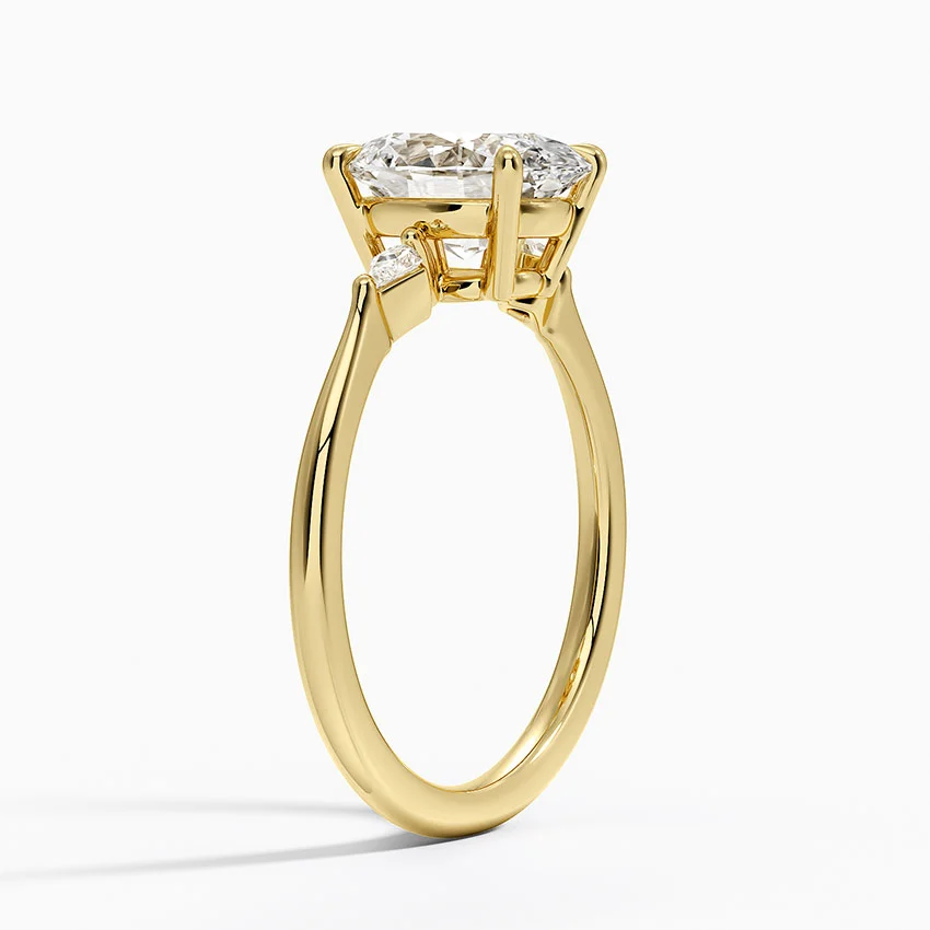 Oval Cut Diamond Engagement Ring with Trillion Side Stones, 3 Stone Diamond Ring, Minimalist Bridal Ring