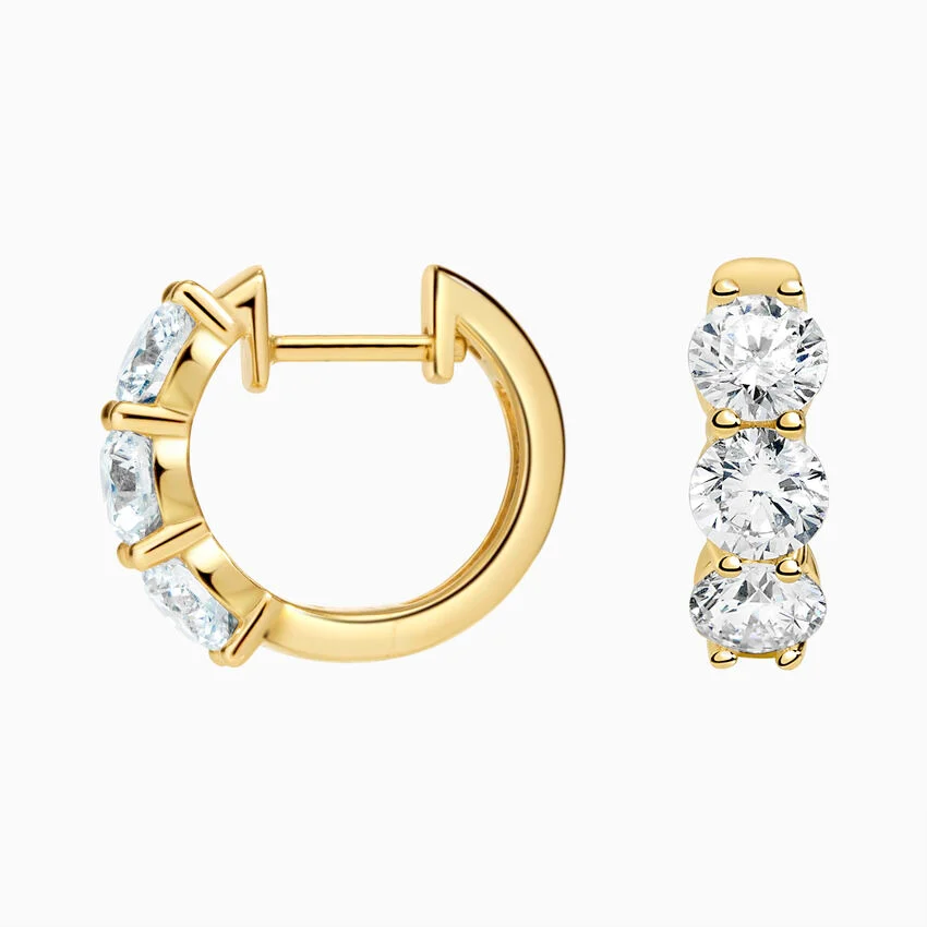 Three-Stone Diamond Huggie Hoop Earrings, Minimalist Everyday Diamond Hoops
