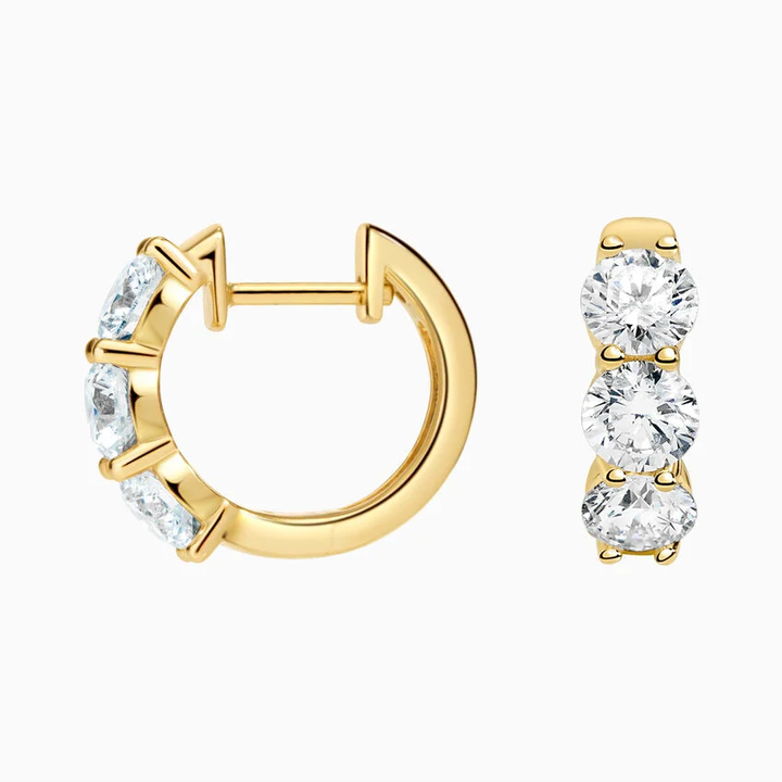 Three-Stone Diamond Huggie Hoop Earrings, Minimalist Everyday Diamond Hoops