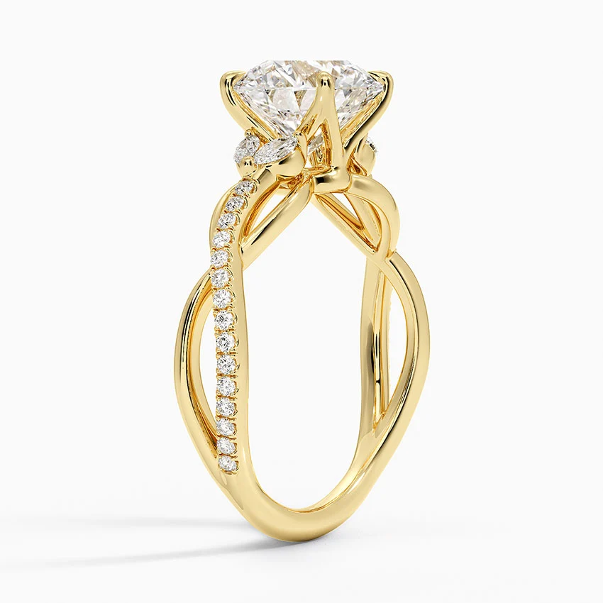 Round Cut Diamond Engagement Ring, Twisted Vine Band Ring, Nature Inspired Leaf Engagement Ring