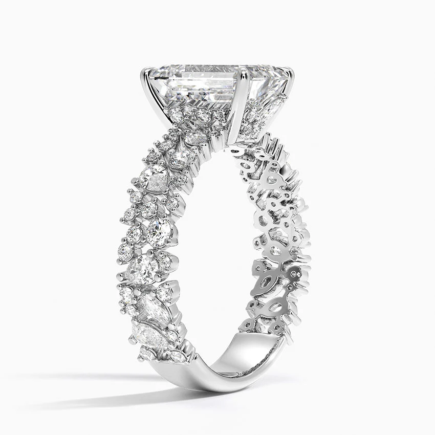 Emerald Cut Diamond Engagement Ring, Vintage Floral Cluster Band Ring, Unique Halo Statement Ring