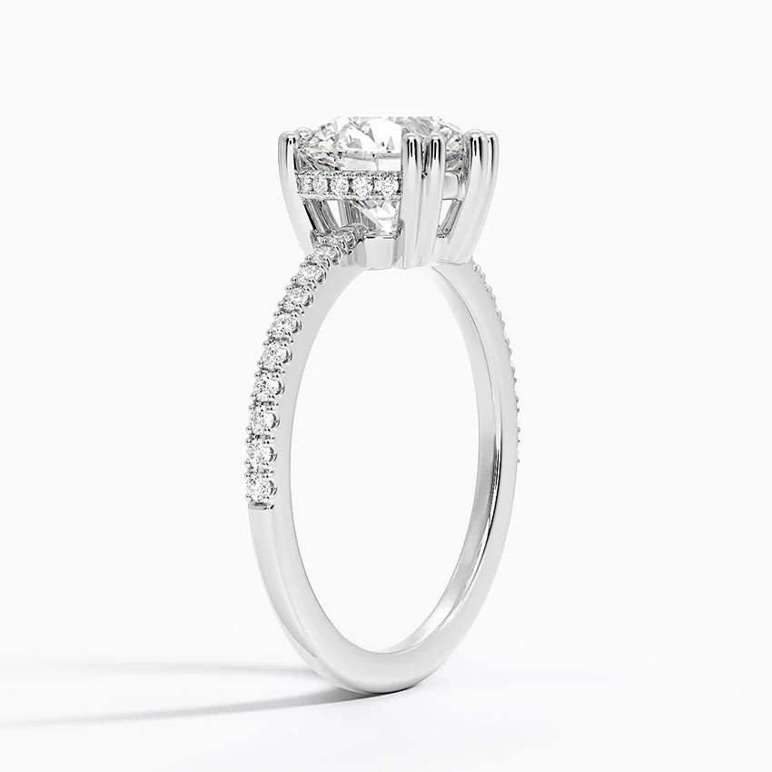 Round Cut Diamond Engagement Ring, Pavé Band Solitaire Ring, Minimalist Bridal Ring