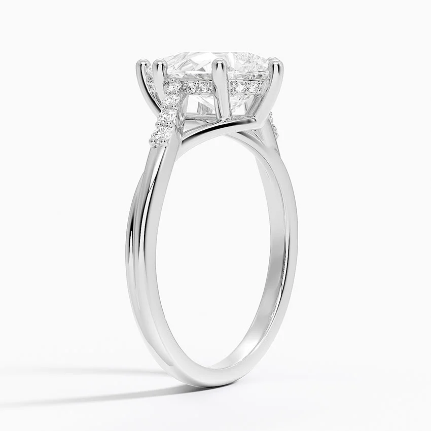 Pear Cut Diamond Engagement Ring, Twisted Split Shank Ring, Pave Band Solitaire Ring