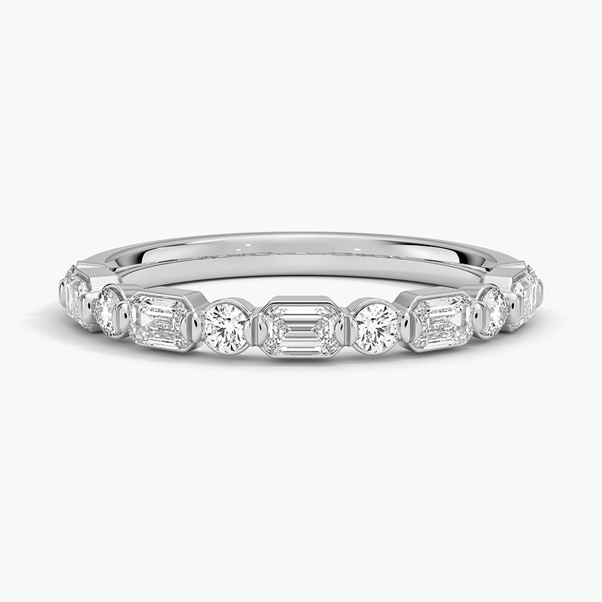 Emerald & Round Diamond Wedding Band, Alternating Diamond Ring, Minimalist Stackable Ring