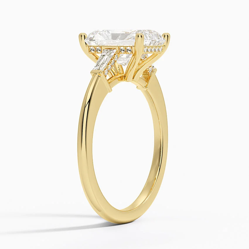 Radiant Cut Solitaire Engagement Ring with Tapered Side Stones, Elegant 3 Stone Diamond Ring