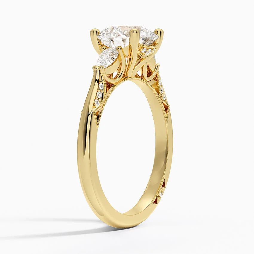 Round Brilliant Cut Diamond Engagement Ring with Pear Side Stones, plit Shank Milgrain Band