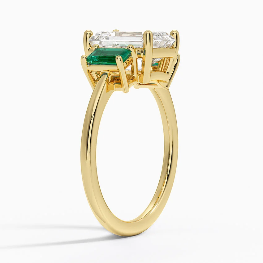 Emerald Cut Diamond Three Stone Ring with Green Emerald Side Stones,Solid Gold Engagement Ring