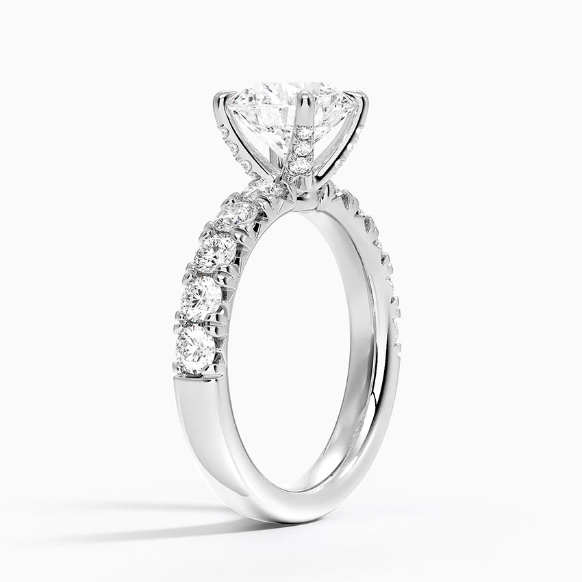 Round Cut Moissanite Engagement Ring, Diamond Pave Band Ring, Hidden Halo Style Bridal Ring