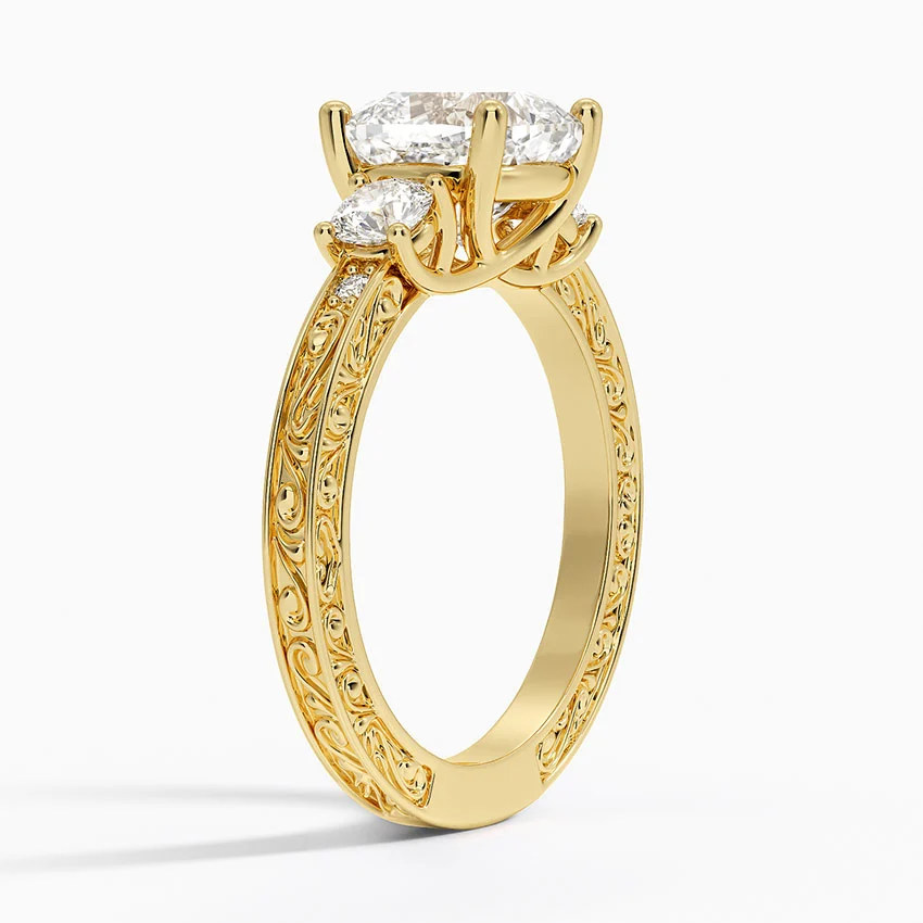 Vintage Three Stone Diamond Engagement Ring, Round Cut Center Diamond Ring, Floral Engraved Band