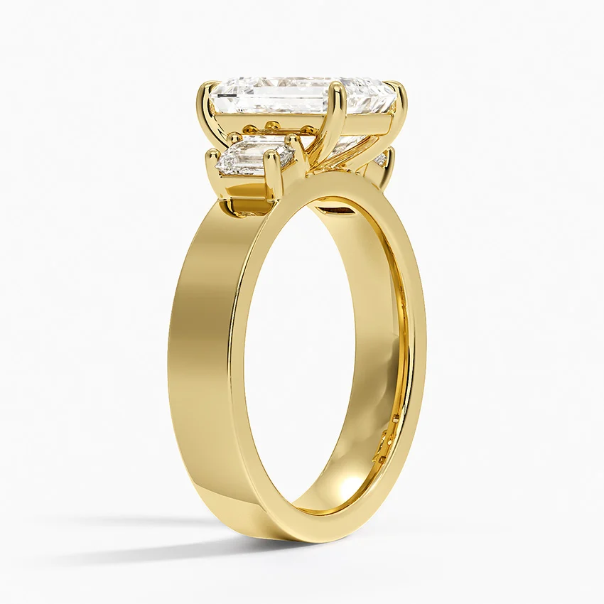 Emerald Cut Diamond Engagement Ring, Three Stone Diamond Ring, Wide Band Solitaire Ring
