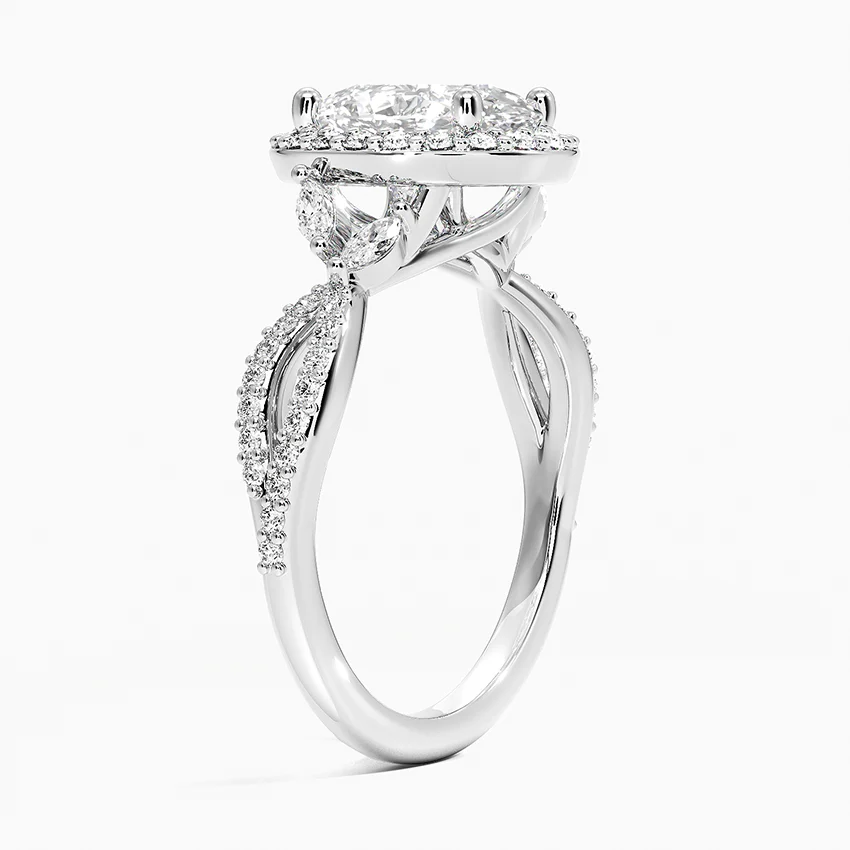 Oval Cut Halo Diamond Engagement Ring with Twisted Pavé Band, Vintage Inspired Oval Ring,