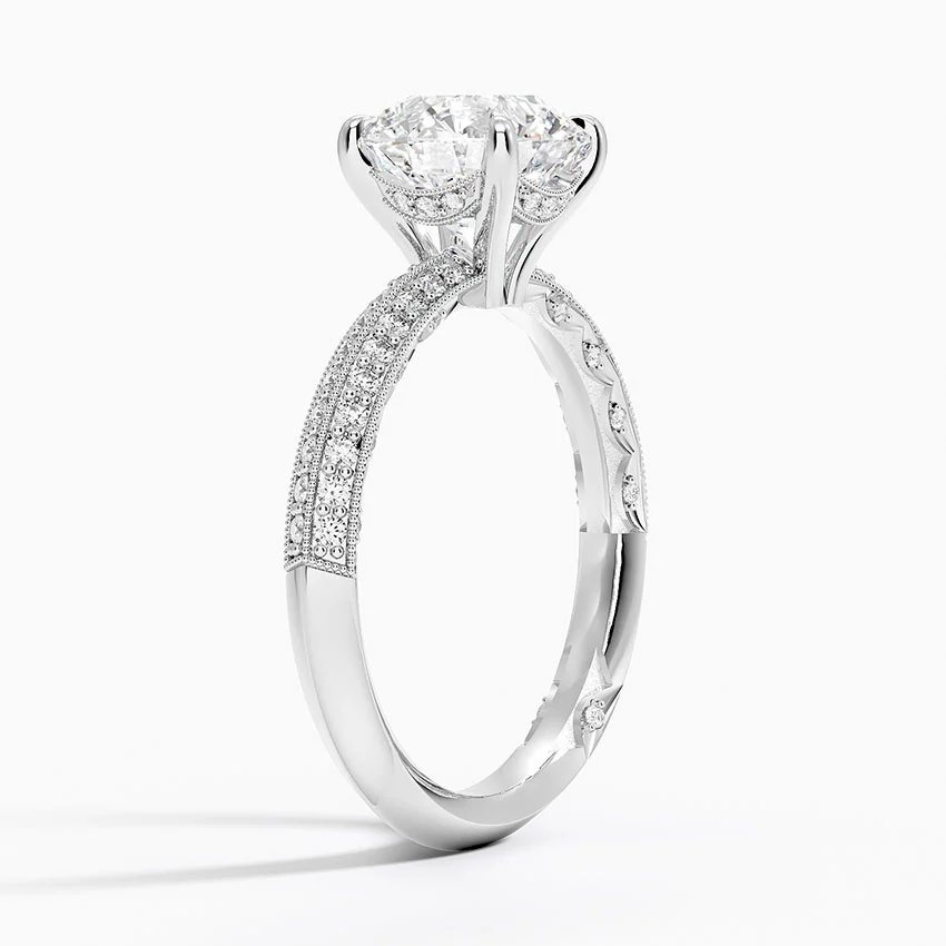 Round Cut Diamond Engagement Ring, Double Row Pave Band Ring, Promise Ring