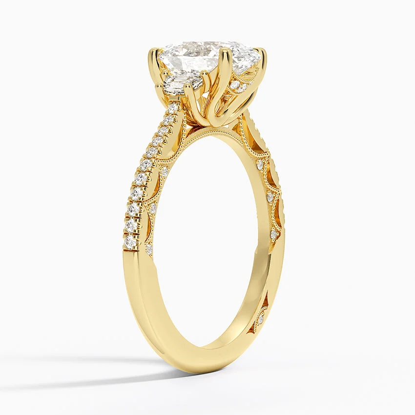 Oval Cut Diamond Engagement Ring,Three Stone Baguette Side Diamonds, Pavé Band Bridal Ring