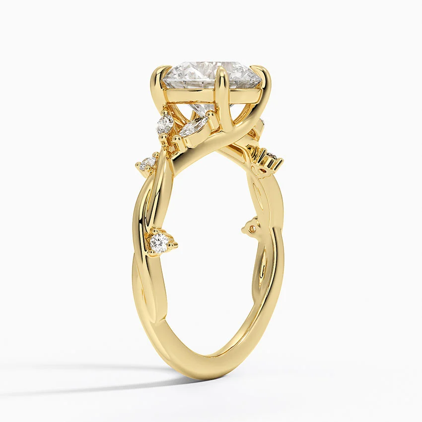Twisted Vine Moissanite Engagement Ring, Round Cut Solitaire with Leaf Side Stones, Nature Inspired Gold Ring
