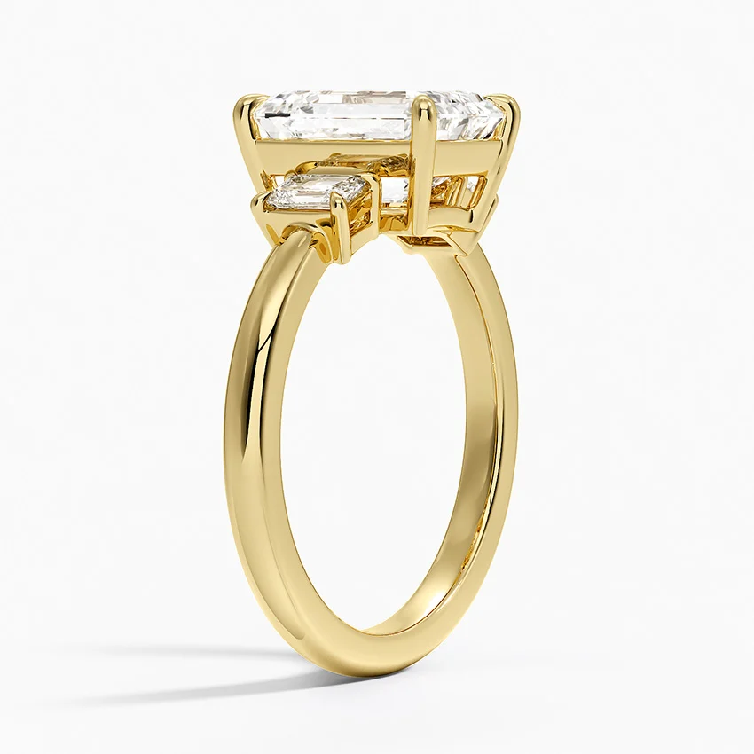 Emerald Cut Diamond Three Stone Ring, Engagement Ring, Classic Solitaire with Side Baguettes