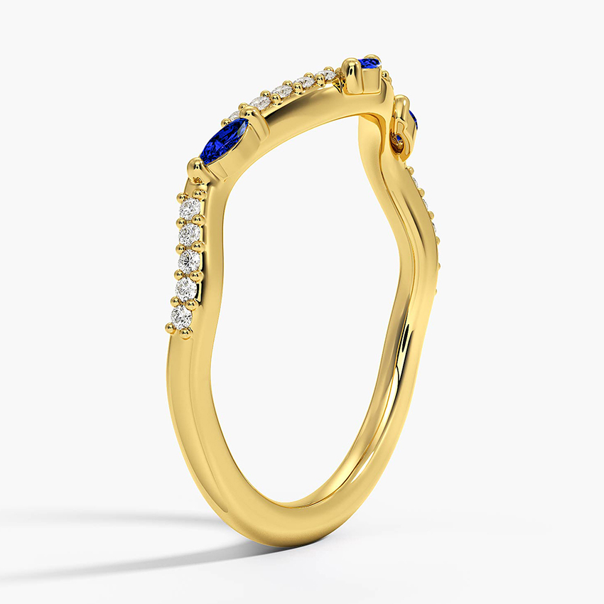 Blue Sapphire Marquise Wedding Band, Curved Diamond V Ring, Stacking Anniversary Ring