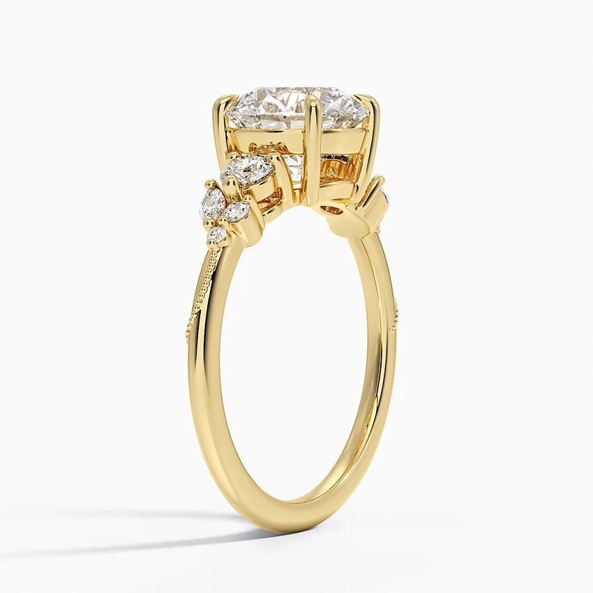 Round Cut Three Stone Diamond Engagement Ring, Vintage Inspired Side Stone Ring, Bridal Jewelry