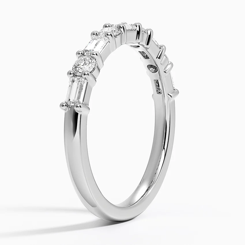 Round & Baguette Diamond Wedding Band, Alternating Diamond Ring, Minimalist Diamond Ring