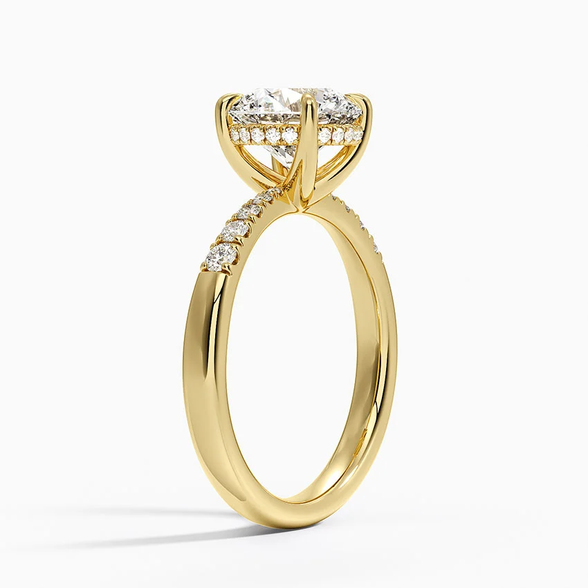 Round Cut Diamond Engagement Ring, 6 Prong Solitaire Ring with Pavé Band, Minimalist Bridal Ring