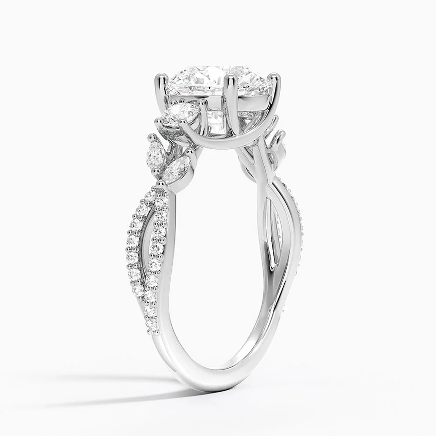 Round Cut Diamond Engagement Ring, Twisted Vine Band Ring, Floral Inspired Cluster Side Stones