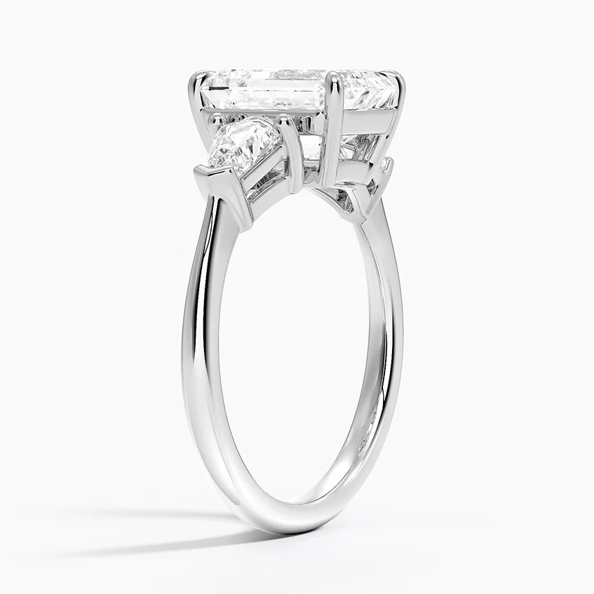 Emerald Cut Diamond Three Stone Engagement Ring, Trapezoid Side Stones, Minimalist Luxury Bridal Ring