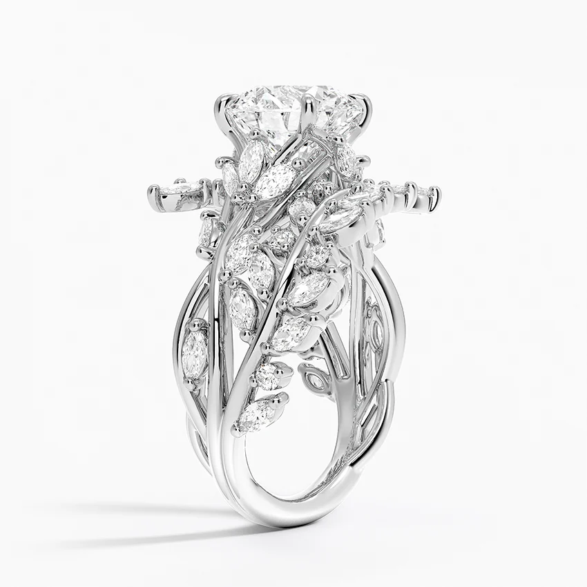 Nature-Inspired Leaf Moissanite Engagement Ring, Round Cut Center Stone with Marquise Diamond Vine Band