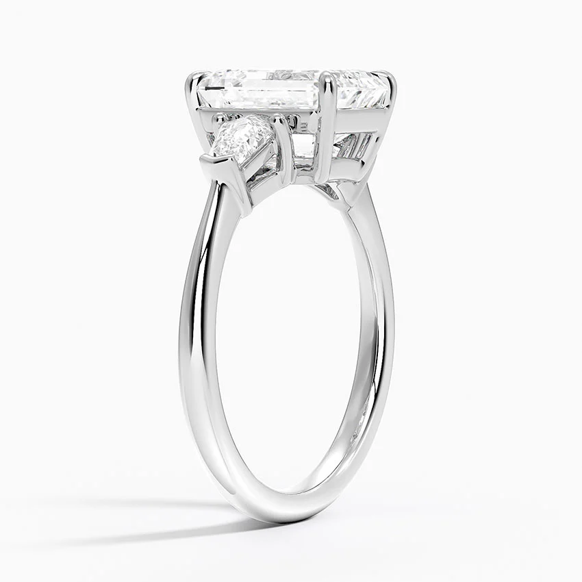 Emerald Cut Diamond Three Stone Engagement Ring, Trillion Side Diamond Ring, Bridal Ring