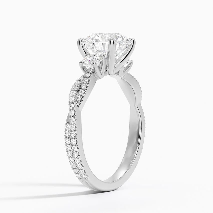 Three Stone Round Cut Diamond Engagement Ring, Twisted Pavé Band, Elegant Bridal Ring