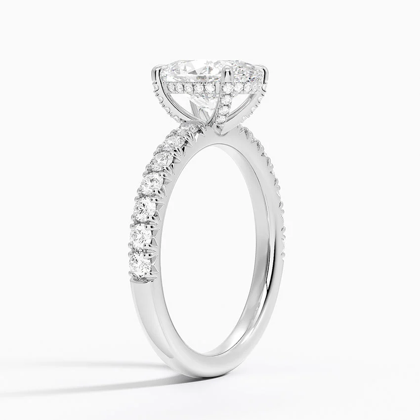 Oval Cut Moissanite Engagement Ring, Hidden Halo Diamond Ring, Pave Band Bridal Ring