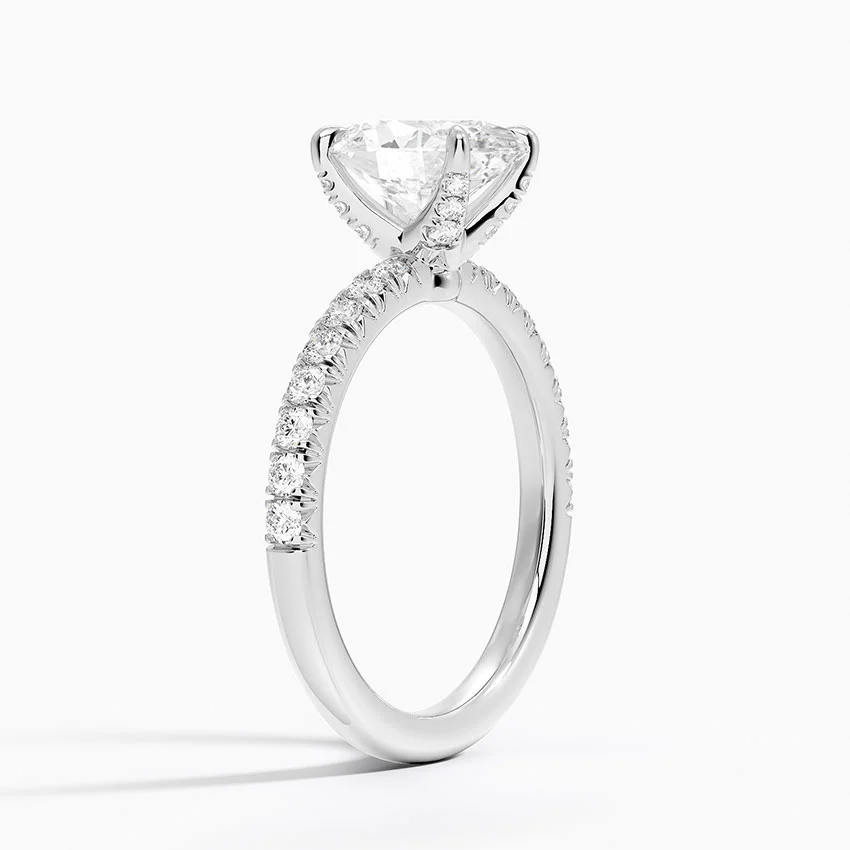 Oval Cut Diamond Engagement Ring, Hidden Halo Pave Band Ring, Oval Solitaire Bridal Ring