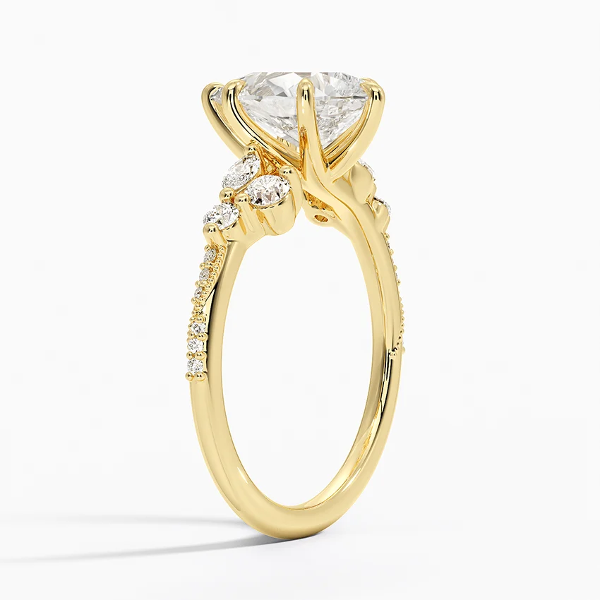 Pear Cut Moissanite Engagement Ring, Leaf Diamond Side Stone Ring, Solid Gold Promise Ring