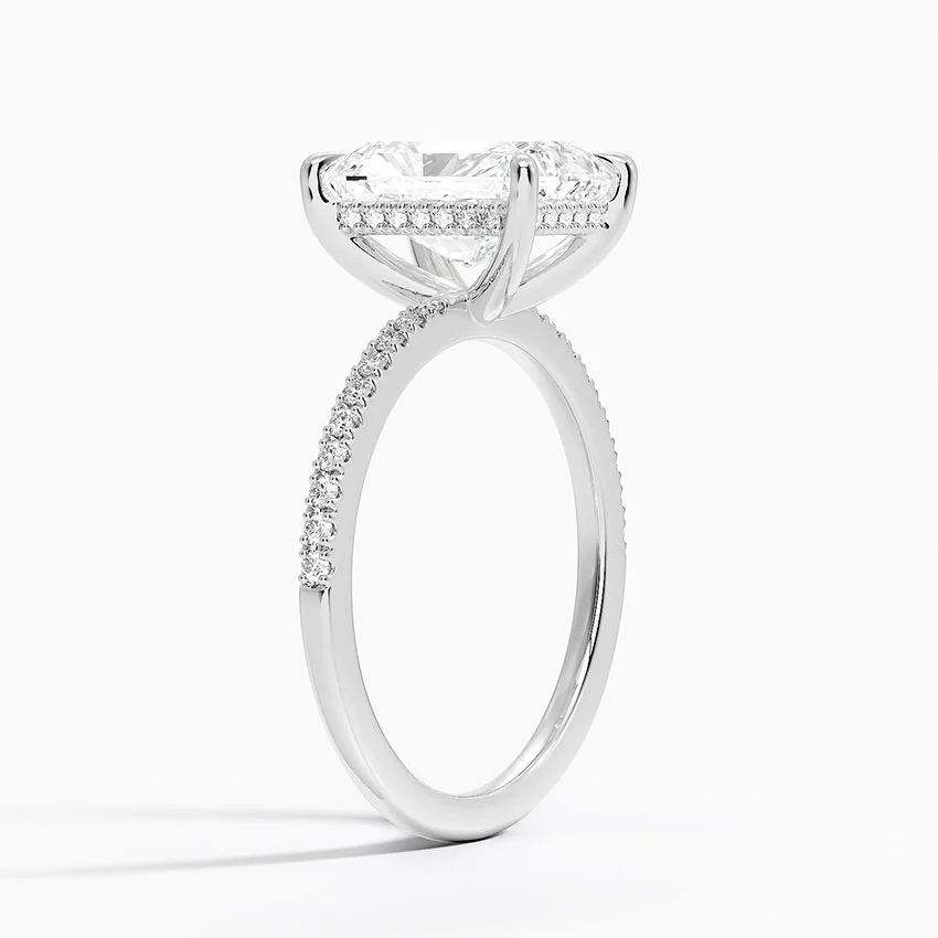 Radiant Cut Diamond Engagement Ring, Hidden Halo Pavé Band Ring, Thin Gold Solitaire Ring