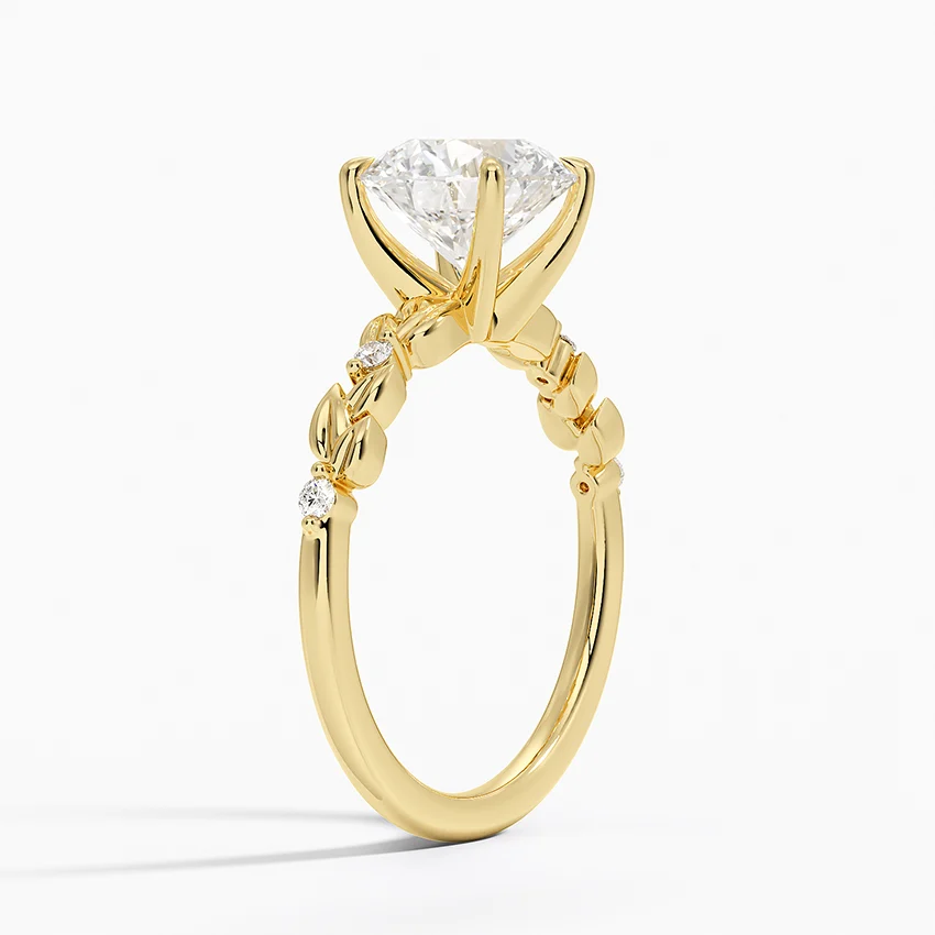 Round Cut Diamond Engagement Ring, Nature Inspired Leaf Band Ring, Floral Vine Gold Ring