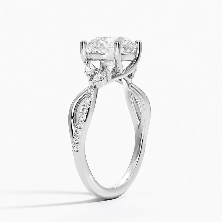 Twisted Infinity Moissanite Engagement Ring, Round Cut Solitaire with Marquise Side Stones, Vintage Leaf Vine Ring