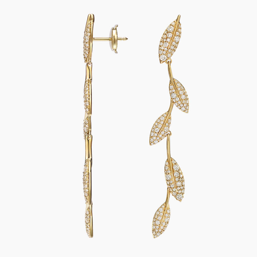Elegant Diamond Leaf Drop Earrings, Long Pave Vine Dangle Earrings, Nature Inspired Fine Jewelry