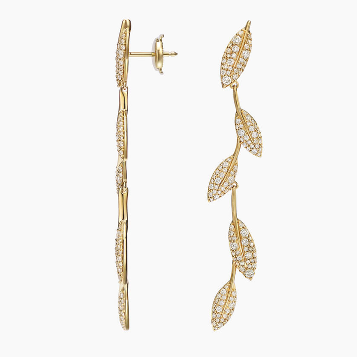 Elegant Diamond Leaf Drop Earrings, Long Pave Vine Dangle Earrings, Nature Inspired Fine Jewelry